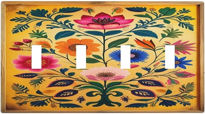 Decorative Art Light Switch Covers ColorFul Blooms Quad Toggle 4 Gang Wall Plate Switch plate Electrical Faceplate for Home Decor