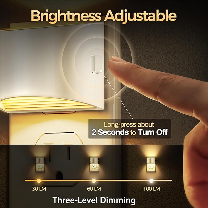 DORESshop LED Night Light[2 Pack], Night Lights Plug into Wall, 3 Level Brightness Adjustable Plug in Night Light, Dusk to Dawn Sensor Nightlights for Adults,Bedroom,Bathroom,Hallway, 3000K Warm White