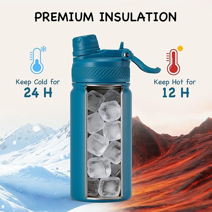 Fijinhom 12 oz Kids Water Bottle, 2-in-1 Stainless Steel Vacuum Insulated Water Bottle for Toddler, Leak Proof Spout & Straw, Double Wall Thermal Flask for Boys&Girls, School, Outdoor, Travel (Blue)
