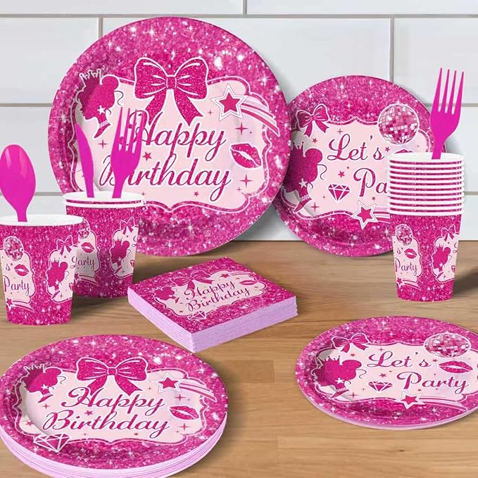 Hot Pink Dolls Themed Party Supplies for Girls Pink Birthday Party, Princess Party Decorations Disposable Tableware Set With Plates, Cups, Napkins & Cutlery For 24 Guests