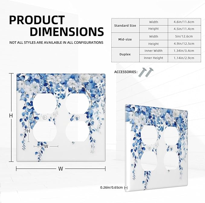 Blue Eucalyptus Leaves Floral Vine Flower Outlet Covers 2 Gang Double Duplex Decorative Light Switch Covers Electrical Wallplates Socket Faceplate for Bedroom Living Room Decor