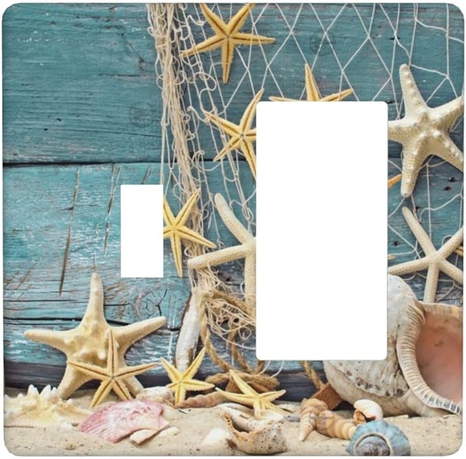 Nautical Beach Starfish Teal Wood 2 Gang Single Toggle/Rocker Combination Light Switch Cover Decorative Wall Plate Cover Electrical Faceplate Art Oil Painting Decor