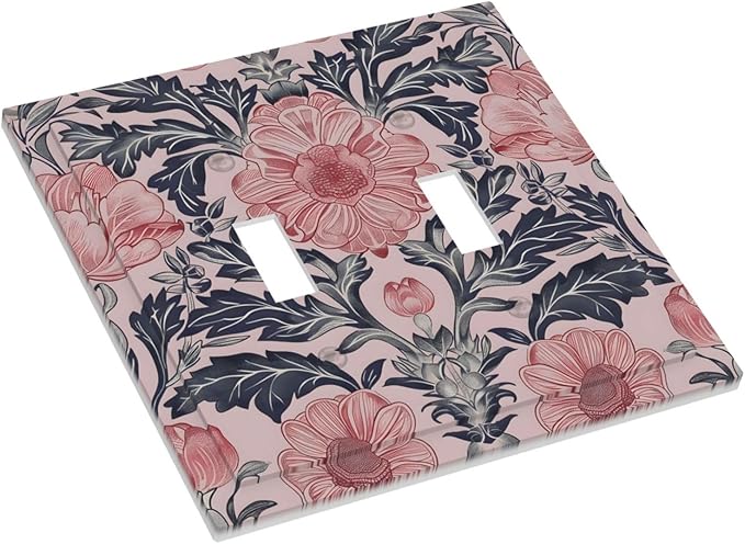Pink Floral Vintage Botanical Boho Flower Decorative Switch Plates 2 Gang Double Toggle Outlet Light Switch Cover Wall Plate Electrical Faceplate for Farmhouse Home Decor