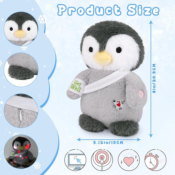 Get Well Soon Penguin Plush, Cute Light up Penguin Stuffed Animal, Soft Bandage Cuddly LED Nightlight Plush Toy, Birthday Toys Great Gift for Kids Girls Boys -No Battery(8 Inch)