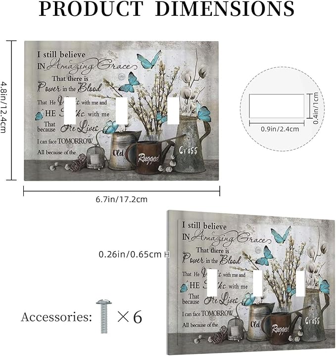Blue Butterfly Rustic Flower Inspirational Quotes 3 Gang Light Switch Covers Triple Toggle Wall Plate Decorative Switchplate Electrical Faceplate for Farmhouse Country Bedroom Kitchen Decor