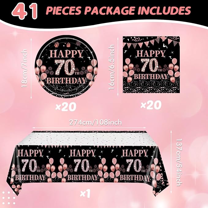 41Pcs Rose Gold 70th Birthday Decorations for Women,Vintage 1956 Aged 70th Birthday Tableware Decorations Includes Happy 70th Birthday Plates,Napkins and Tablecloth for 70 Years Old Birthday Supplies
