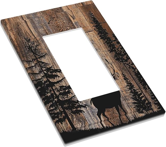 Decorative Outlet Covers Rustic Forest Antler Elk Deer Silhouettes Animals Wood Grain 1 Gang Single Rocker Light Switch Cover Plate Wall Plates GFCI Faceplate for Farmhouse Home Decor
