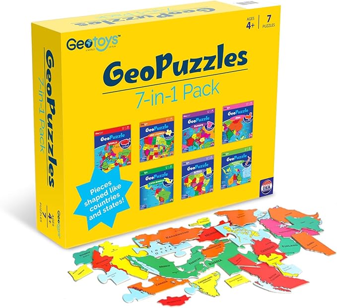 GeoToys GeoPuzzle, Country-Shaped Jigsaw Puzzles Set of 7 in One Box, Geography Puzzle, Map Puzzle - Jigsaw Puzzles for Kids Ages 4+ Years Old, Stocking Stuffers for Kids