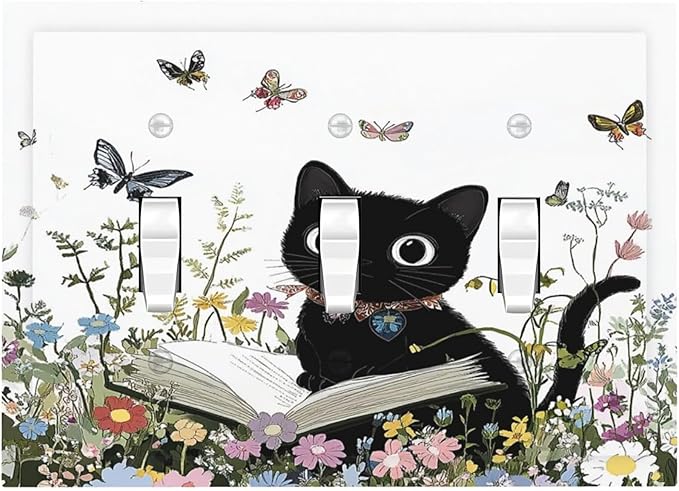 Decorative Switch Plates Cute Cat Wildflowers Boho Flowers Floral 3 Gang Wall Plate Triple Toggle Light Switch Cover Faceplate Electrical Wall Panels For Nursery Kids Room Decor