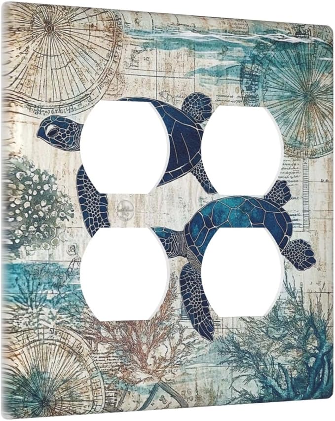 Blue Green Sea Turtle Tropical Ocean Coral Nautical Map Outlet Covers 2 Gang Double Duplex Decorative Light Switch Covers Electrical Wallplates Socket Faceplate For Bed Room Bathroom Decor