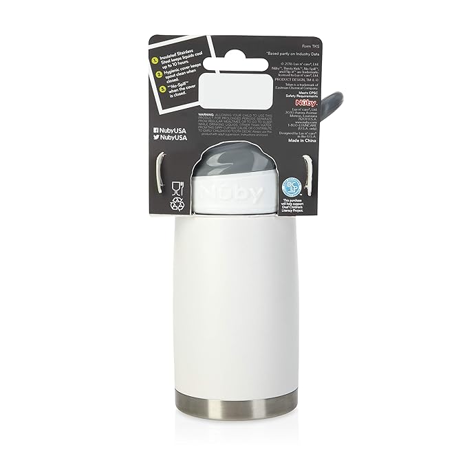 Nuby Thirsty Kids No Spill Flip-It Reflex Stainless Steel Travel Cup or Water Bottle - 10 Oz - 18+ Months - White - Back to School Essentials