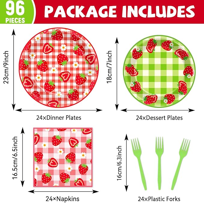 96Pcs Strawberry Party Plates and Napkins Birthday Party Supplies Spring Summer Fruit Paper Dessert Plates Strawberry Themed Tableware Set Disposable for 24 Guests 1st Birthday Party Decorations