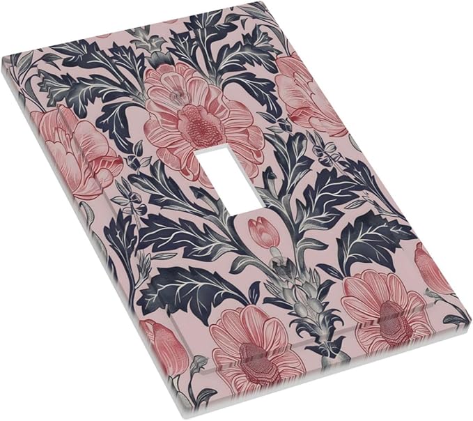 Pink Floral Vintage Botanical Boho Flower Decorative Light Switch Cover 1 Gang Single Toggle Device Electrical Faceplate Switchplates Decorator Outlet Wall Plate for Farmhouse Home Decor