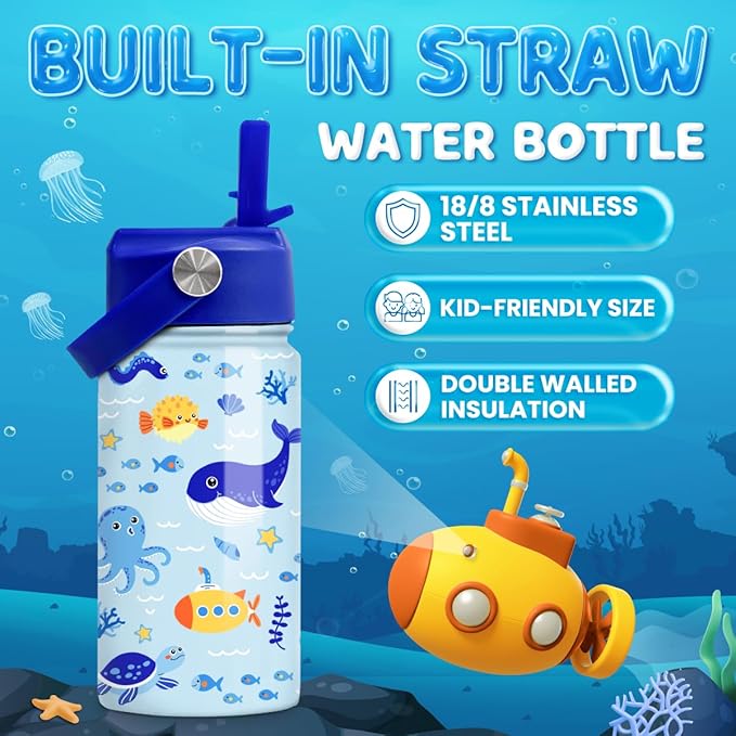 SANDJEST Kids Water Bottle with Straw Lid - 12 Oz Insulated Stainless Steel Ocean Water Bottles for Kid Boys - Travel Cup for School Sports