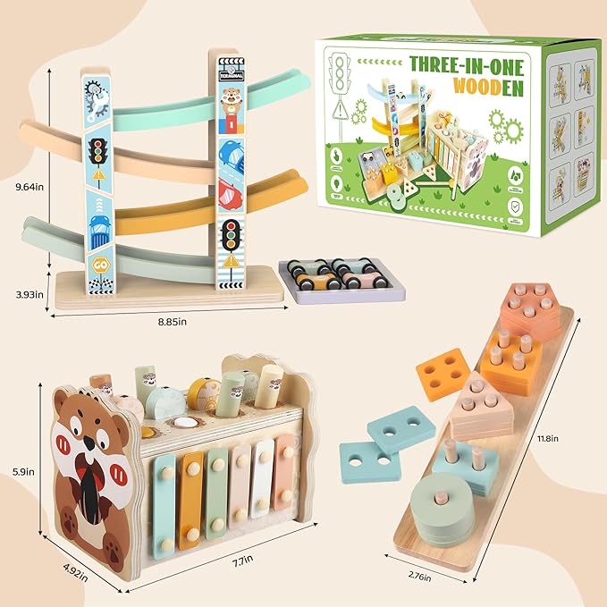 Wooden Montessori Toys for 1 Year Old, Pounding Hammering Toy with Xylophone & Fishing Game, Car Ramp Toy, Stacking Blocks & Shape Sorter 3 in 1 Wooden Toddler Toys 1 2 3 for Christmas Easter Gifts