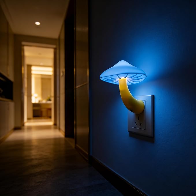 AUSAYE 5Pack LED Sensor Night Light Plug in Lamp Blue Cute Mushroom Night Lights for Adults Kids NightLight Bedroom,Bathroom,Toilet,Hallway,Stairs,Kitchen,Basement
