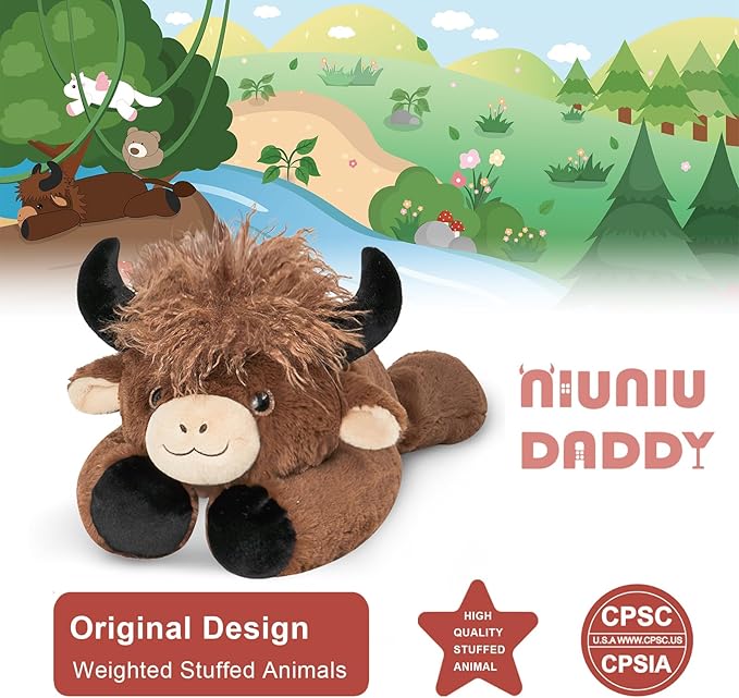Niuniu Daddy 20" | 3.3 Pound Highland Cow Weighted Stuffed Animals for Adults, Weighted Brown Highland Cow Plush Toy for Toddler Kids, Fluffy Plushy Pillow with Soft Fur for Present Christmas Birthday