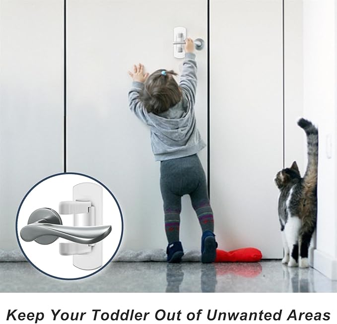 Matenf Childproof Door Lever Lock (2 Pack) Prevents Toddlers Pets From Opening Doors, Door Handle Lock for Babyproofing, Durable Safe ABS Material Strong Adhesive, No Drill Tool Needed Easy to Install