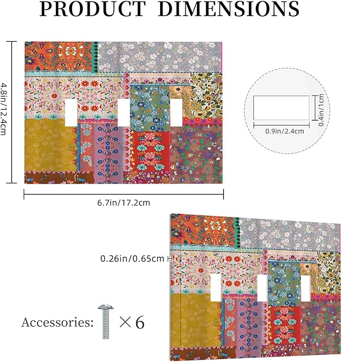 Light Switch Cover Boho Patchwork Bohemian Stitching Colorful Floral 3 Gang Wall Plate Triple Light Switch Plate Toggle Decorative Outlet Covers Electrical Switchplate for Bathroom Home Decor