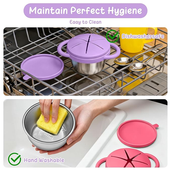 2 Pack Baby Stainless Steel Snack Containers for Kids with Spill Proof Food Grade Silicone Lids & Handles 9 OZ Baby Snack Cups No Spill Toddler Snack Box for Mess-Free Snacking