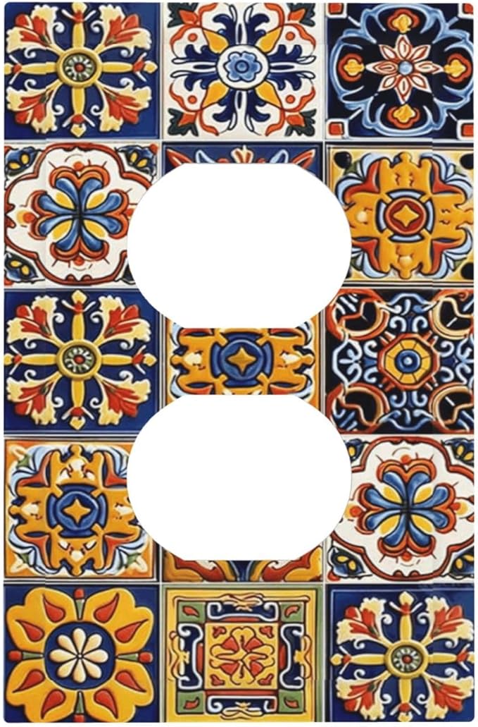 Mexican Talavera Tiles Flower Vintage Outlet Covers 1 Gang Duplex Light Switch Cover Decorative Switch Plates Electrical Receptacle Faceplate Wall Plate for Kitchen Bathroom Decor