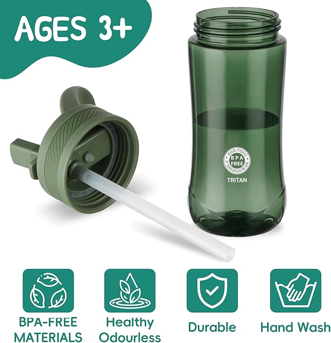 Kids Water Bottle, Dustproof Leakproof Cover, BPA Free Tritan Water Bottle Kids With Volume Markings Drinking 14oz Clear Water Bottle Unique Cat Paw Print Bottom Toddlers,School ,Outdoor（ Army Green）
