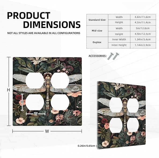 Vintage Dark Green Dragonfly Flowers Floral Botanical Outlet Covers 2 Gang Double Duplex Decorative Light Switch Covers Electrical Wallplates Socket Faceplate for Farmhouse Home Decor