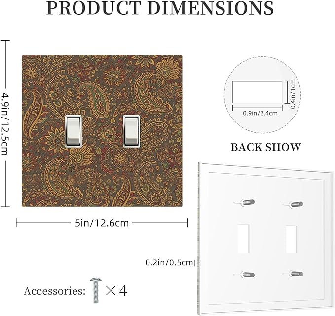 Vintage Paisley Double Toggle Switch Cover - 2-Gang Standard US Size Bohemian Boho Light Switch Covers, Autumn Tones Retro Floral for Eclectic Homes