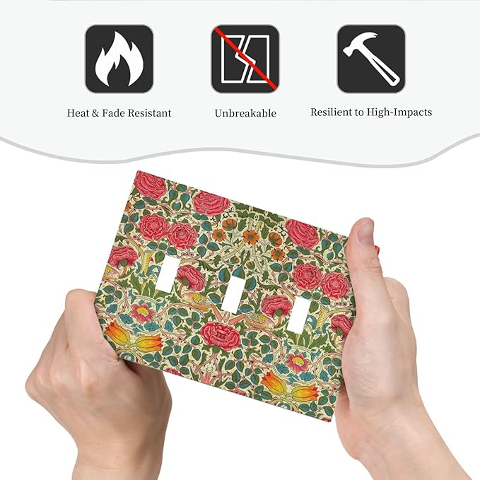 William Morris Roses Floral 3 Gang Light Switch Cover VintageTulip Flower Plant Bird Triple Toggle Wall Plate Decorative Electrical Switchplates for Country Bedroom Living Room Decor