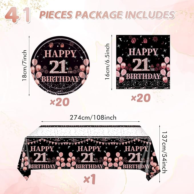Ryzovo 41Pcs 21st Birthday Tableware Decorations for Women Girls Rose Gold Happy 21 Birthday Party Supplies for Her Includes Tablecloth,Plates,Napkins for Sweet Girls 21st Birthday Party