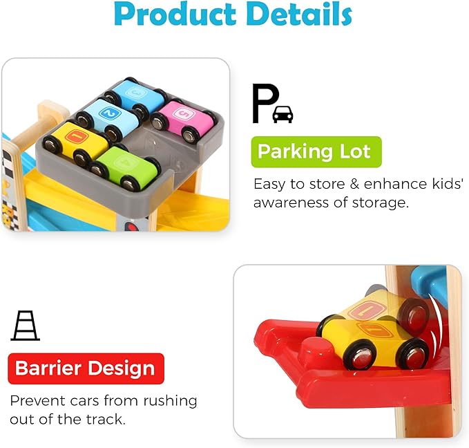 Belleur Montessori Toy for 1-3 Years Old Boys and Girls, Kid Race Track Car for Toddlers with 5 Mini Cars & 5 Ramps, Wooden Montessori Car Ramp Toy Set for Babies' Birthday Gifts, Visit Gifts