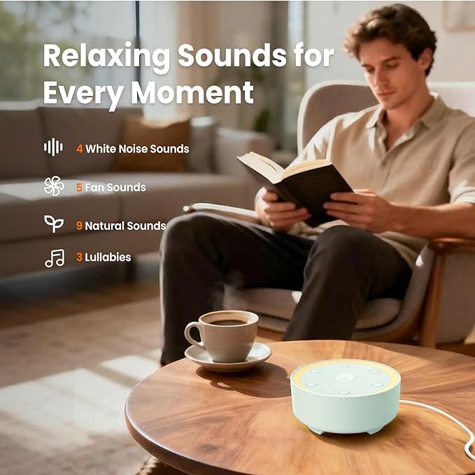 Kipcush Baby & Kids White Noise Sound Machine w/Night Light, 21 Non-Looping Sounds, 6 Timers (15-120 min & 8H), Memory, USB Powered for Nursery, Home & Travel