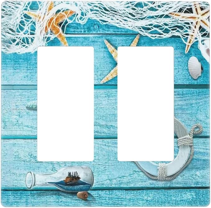 Nautical Turquoise Teal Beach Fishing Net Wood Plank 2 Gang Double Rocker/Gfci Outlet Light Switch Cover Aqua W ooden Decorative Dual Device Decorator Wall Plate Screwless for Receptacle Dimmer Cover