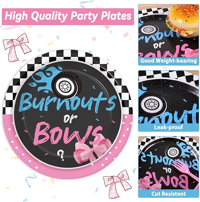 24 Guests Burnouts or Bows Gender Reveal Paper Plates Napkins Gender Reveal Party Decorations Baby Shower Party Supplies Disposable Dinner Tableware Set for Birthday Boys or Girls Serve 24