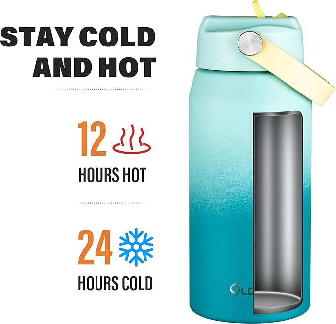 Oldley 18oz Insulated Water Bottle with Straw, Stainless Steel Water Bottle for Sports, Travel, School, BPA-Free Sports Bottles for Adult Kids, Leak-Proof, Light Green Blue
