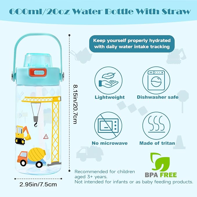Queenshin Kids Excavator Construction Water Bottle 20oz BPA Free Tritan Boys School Outdoor Sports Leak Proof Water Cup with Straw Lid Handle Pop-Up Spout Cover