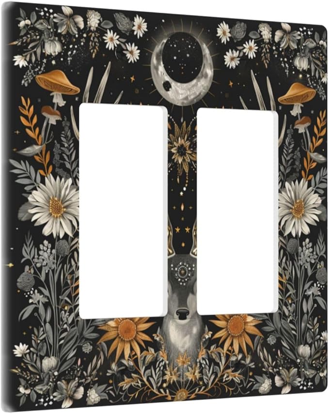 Light Switch Cover Plate Vintage Deer Flowers Moon Natural Plants Floral 2 Gang Double Rocker Outlet Covers Decorative Switch plates Electrical Wall Plates GFCI Receptacle for Bathroom Bedroom