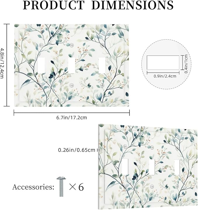 Watercolor Floral Green Leaves 3 Gang Light Switch Cover Green Botanical Flowers Triple Toggle Wall Plate Decorative Electrical Switchplates for Country Bedroom Kitchen Living Room Decor