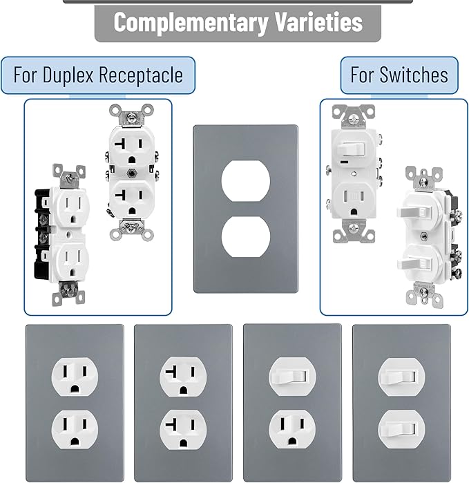 Bates- Screwless Duplex Wall Plate, Standard Size, 6 Pack, 1-Gang Child Safe Receptacle Outlet Cover, Unbreakable Polycarbonate Thermoplastic, Nickel