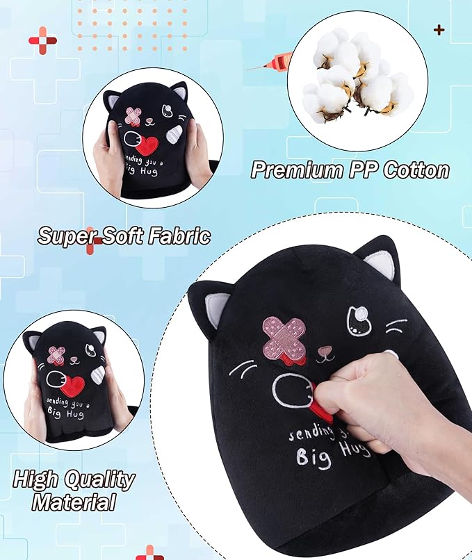 Get Well Soon Cat Plush - Black Cat Stuffed Animals Plushies Toys with Band-Aid Kids' Pillow Cushion Gifts for Patient Girls Boys Valentine's Day Gifts 9 Inch