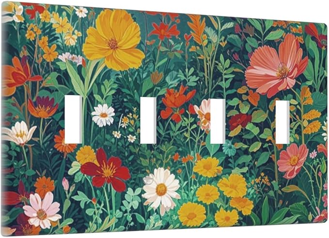 Decorative Switch Plate Cover with Wildflowers & Stars Botanical Floral Art Design 4 Gang Artistic Wall Plate Unique Quad Toggle Light Switch Covers for Garden Theme Wall Decor