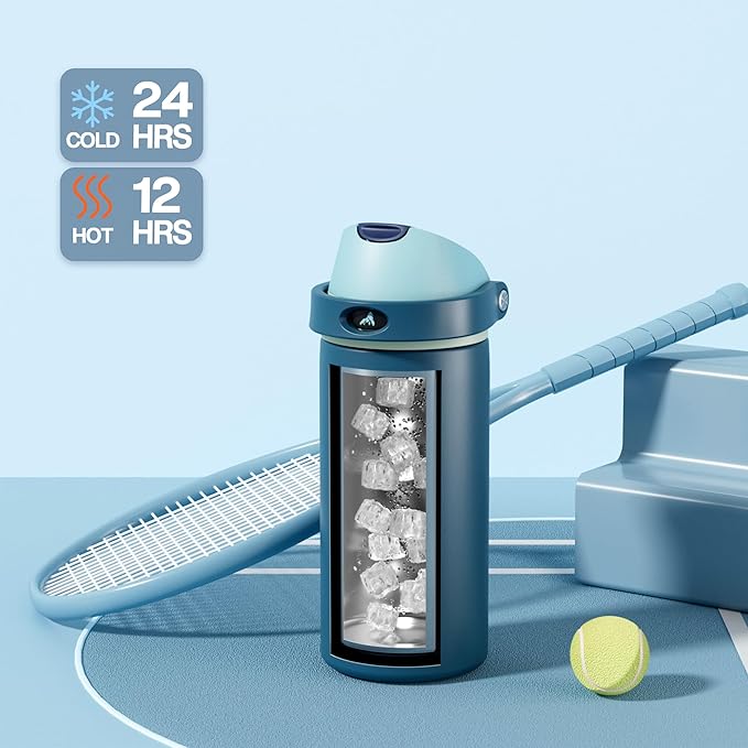 POWCAN 18 oz Insulated Stainless Steel Water Bottle: 2-in-1 Push-Button Spout & Quick-Flip Straw, Leakproof, Cold 24 Hrs, Fits Car Cup Holder, Reusable Metal Bottle for Sports(Denim Blue)
