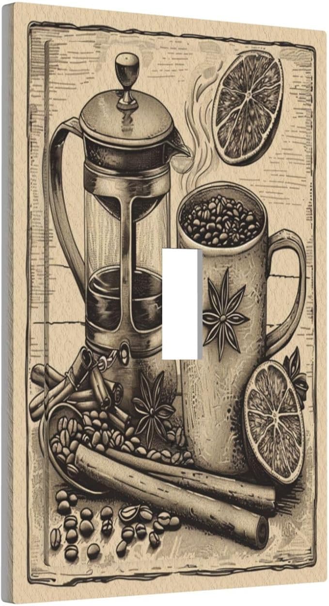 Light Switch Cover Plate Beige Vintage Rustic Coffee Beans Spice 1 Gang Single Toggle Decorative Switch Plates Wall Plates Electrical Faceplate for Kitchen Coffee Bar Decor