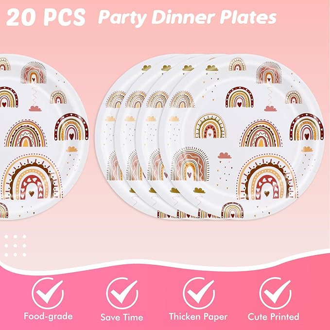 Ryzovo 62 Pcs Boho Rainbow Party Supplies Boho Rainbow Baby Shower Tableware Set Including Paper Plates Napkins Tablecloth for Girls Kids Groovy Boho Birthday Party Baby Shower Decorations | Serve 20