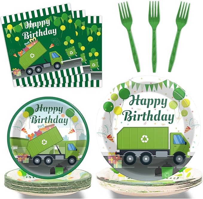 96 Pcs Garbage Truck Birthday Party Plates and Napkins Party Supplies Trash Trucks Party Tableware Set Waste Management Recycling Party Decorations Favors for Birthday Baby Shower for 24 Guests