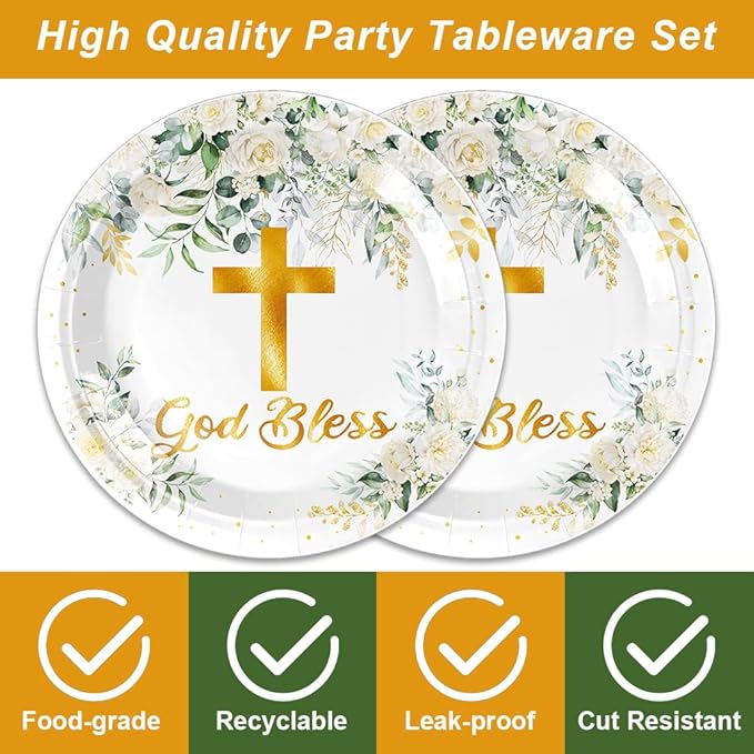 40Pcs God Bless Party Decorations Tableware Supplies 20 Plates and 20 Napkins for God Bless Baptism Party Decoration Serve 20 Guests