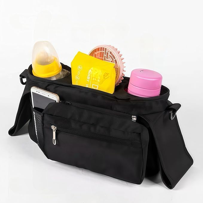 Stroller Organizer with Insulated Cup Holders & Detachable Wristlet | Universal Fit Stroller Caddy | Converts to Shoulder Bag | Holds Bottles, Phone, Diapers