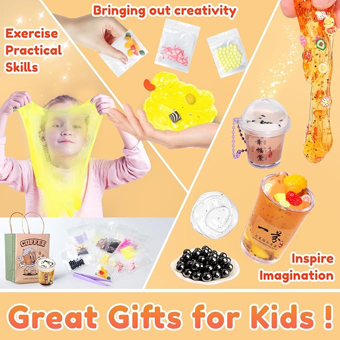 Miniature Cafe & Boba Tea Slime Kit for Kids, 53PCS Mini Dessert Cup Slime Making Kit, Kitchen DIY Pretend Play Food Toys, Party Goodie Bag Stuffers for Girls Ages 4 5 6 7 8 9 10