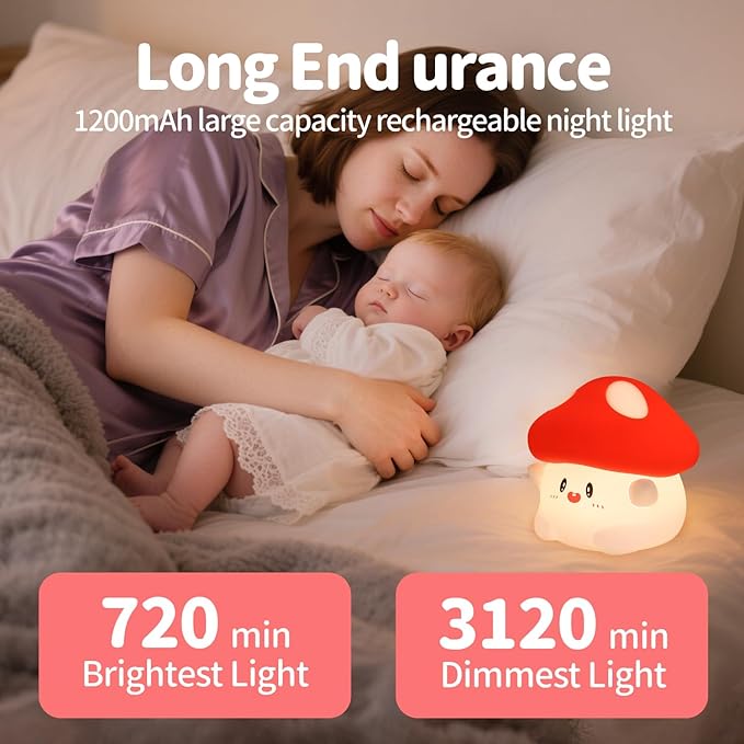 Rytinazzz Mushroom Night Light, Color Changing & 50-Hour Battery, Squishy Lamp with Pat Control for Kids Room Decor, USB Rechargeable, Mothers Day Gifts