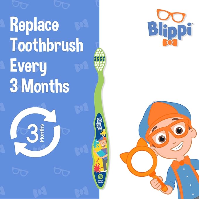 Brush Buddies Blippi Kids Toothbrushes 3 Pack, Soft Bristles for Toddlers Ages 2+, Easy Grip Handles, Blue Yellow Orange Toothbrush Set, Fun Blippi Design, Kids Oral Care